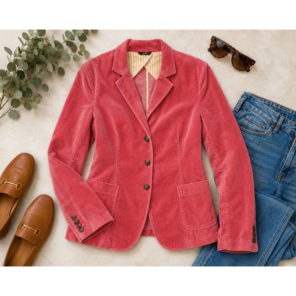 J.Crew Pink Velvet Blazer Women Schoolboy 3-Button Striped Lining - Picture 2 of 11